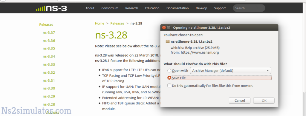 Link to Download Ns-3.28